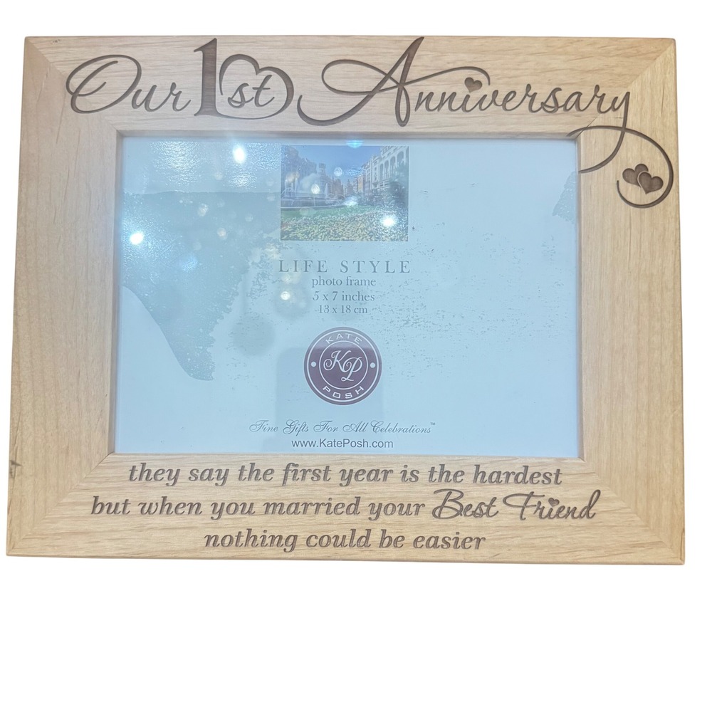 Kate Posh Our 1st Anniversary Wooden Photo Frame Engraved Quote Double Heart